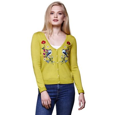 Green floral bird embroidered knitted cardigan
